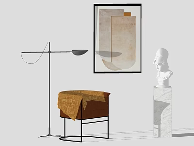 Elegant Accent Chair With Throw Blanket Floor Lamp Artwork And Sculpture In Modern Interior 3d model