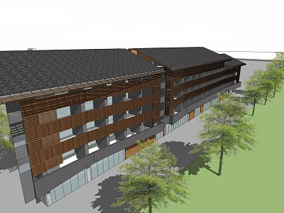 Modern Commercial Complex Exterior With Wooden Facade Glass Curtain Wall Black Roof And Green Landscape 3d model