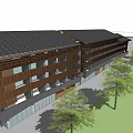Modern Commercial Complex Exterior With Wooden Facade Glass Curtain Wall Black Roof And Green Landscape