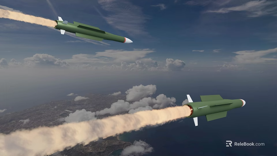 Green Missiles Flying In Blue Sky With Trailing Smoke And Clouds Over Ground 3d model 