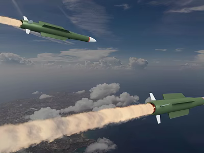 Green Missiles Flying In Blue Sky With Trailing Smoke And Clouds Over Ground 3d model