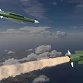 Green Missiles Flying In Blue Sky With Trailing Smoke And Clouds Over Ground