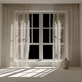 White Sheer Curtains For Window In Bright Minimalist Room With Green Trees And Grass Outside