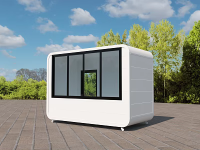 Outdoor Mall Shop Modern White Building With Large Windows Trees Blue Sky And Paved Floor 3d model