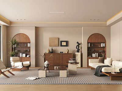 Elegant Modern Living Room Interior With Arched Bookshelves Beige Sofa Wooden Coffee Table And Rug 3d model