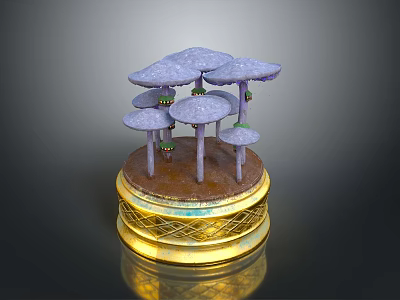 Purple Mushroom Shaped Plants On Golden Base With Woven Pattern And Green Stem Accents 3d model