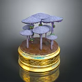 Purple Mushroom Shaped Plants On Golden Base With Woven Pattern And Green Stem Accents