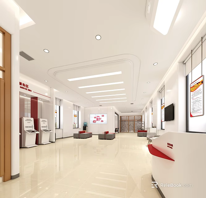 Bright Modern Bank Lobby With Self Service Machines Waiting Area And Service Counter 3d model 
