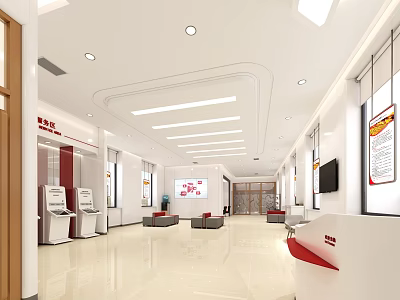 Bright Modern Bank Lobby With Self Service Machines Waiting Area And Service Counter 3d model