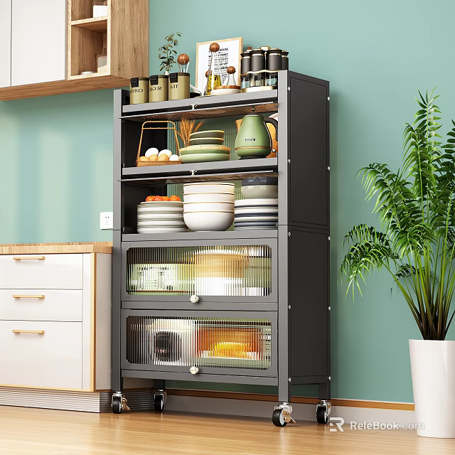 Elegant Kitchen Storage Rack With Multi tier Shelves And Glass Cabinet Doors 3d model 