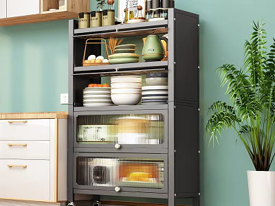 Elegant Kitchen Storage Rack With Multi tier Shelves And Glass Cabinet Doors 3d model