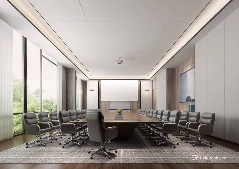 Minimalist Conference Room With Long Table Multiple Chairs Floor To Ceiling Windows And Projector Screen 3d model 