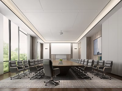 Minimalist Conference Room With Long Table Multiple Chairs Floor To Ceiling Windows And Projector Screen 3d model