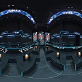 Modern Tech Inspired Bar Interior With Blue Lighting Large Screens Long Seats And Circular Decor