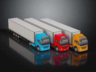 Three Colored Cargo Trucks With White Trailers On Black Reflective Surface 3d model