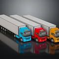 Three Colored Cargo Trucks With White Trailers On Black Reflective Surface