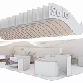 Solo Modern Exhibition Booth With Green Wave Shaped Ceiling Reception Counter Stone Wall And Plants