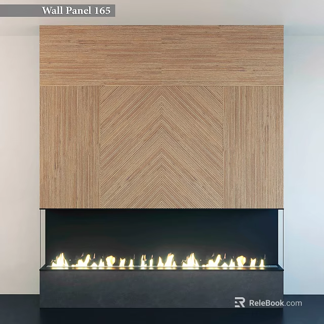 Modern Wooden Fireplace With Herringbone Wood Pattern And Black Frame Flaming Fire Inside 3d model 