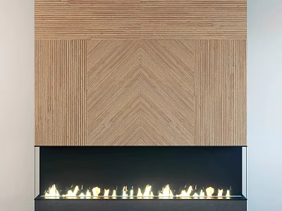 Modern Wooden Fireplace With Herringbone Wood Pattern And Black Frame Flaming Fire Inside 3d model