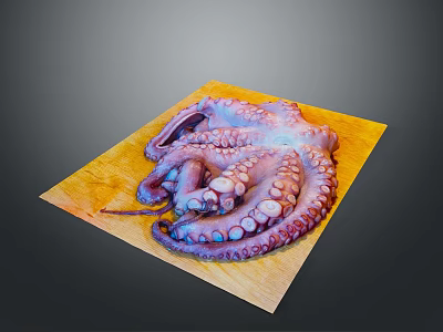 Vibrant Purple and Orange Octopus with Suction Cups on Yellow Wooden Board 3d model