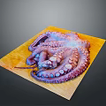 Vibrant Purple and Orange Octopus with Suction Cups on Yellow Wooden Board