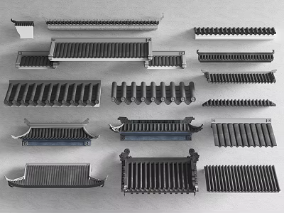 Traditional Chinese Architectural Components Featuring Various Roof Tile Styles And Decorative Structures 3d model