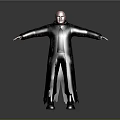 Bald Man In Long Dark Coat Standing With Arms Outstretched Against Neutral Background