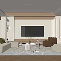 Modern Living Room Interior Featuring White Sofa Green Armchair Round Coffee Table And Large TV
