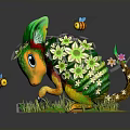 Green Turtle Adorned with White Flowers Bees and Butterflies on Lush Grass with Eggs
