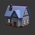 Cartoon House Scene With Blue Roof White Walls Brown Chimney Windows Brick Base And Reflection
