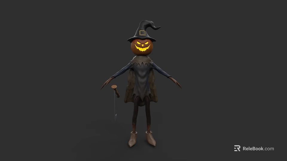 Halloween Scarecrow Character With Pumpkin Head Witch Hat Broomstick And Cloak Boots 3d model 