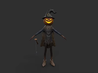 Halloween Scarecrow Character With Pumpkin Head Witch Hat Broomstick And Cloak Boots 3d model