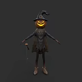 Halloween Scarecrow Character With Pumpkin Head Witch Hat Broomstick And Cloak Boots