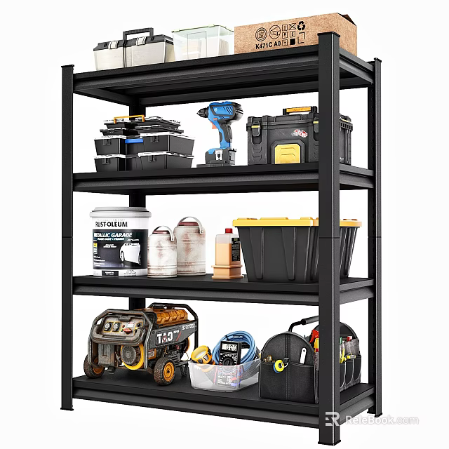 Multi tiered Metal Storage Shelf With Toolboxes Storage Bins Power Drill And Generator 3d model 