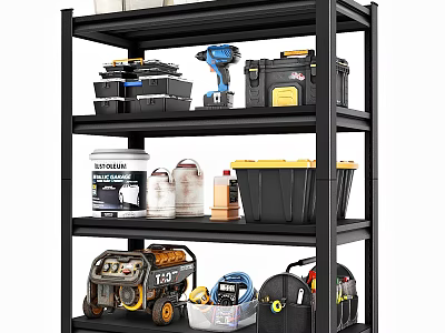 Multi tiered Metal Storage Shelf With Toolboxes Storage Bins Power Drill And Generator 3d model