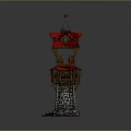 Cartoon Scene of Multi Level Tower with Red Roof Wooden Structure Steps and Green Grass