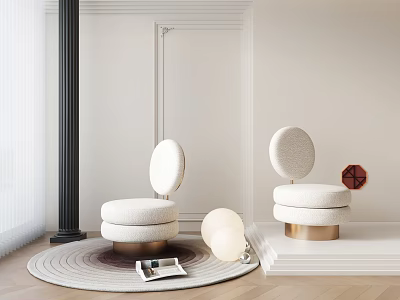 Minimalist White Armchair With Round Backrest Carpet Floor Lamp And Wooden Floor 3d model