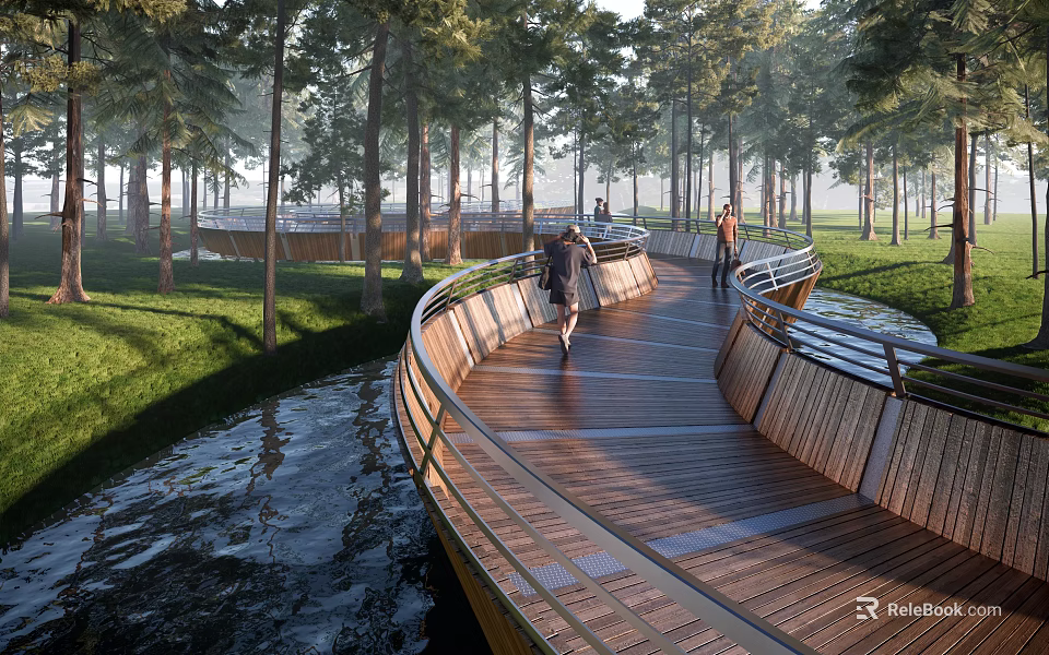 Curved Wooden Pedestrian Walkway with Railings Alongside Stream in Tree Surrounded Park 3d model 