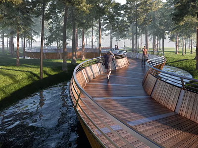Curved Wooden Pedestrian Walkway with Railings Alongside Stream in Tree Surrounded Park 3d model