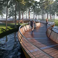 Curved Wooden Pedestrian Walkway with Railings Alongside Stream in Tree Surrounded Park