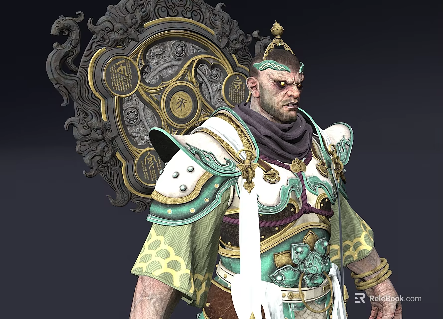 Man In Ancient Warrior Armor With Elaborate Decorative Patterns And Ornate Shield 3d model 