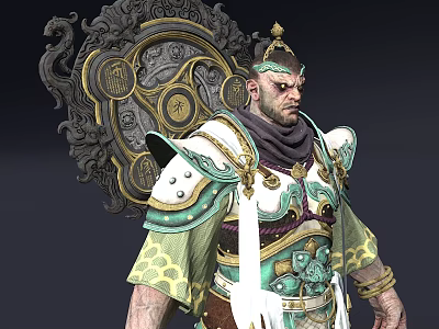 Man In Ancient Warrior Armor With Elaborate Decorative Patterns And Ornate Shield 3d model