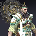 Man In Ancient Warrior Armor With Elaborate Decorative Patterns And Ornate Shield