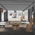 Rustic Living Room Interior With Shell Wall Art Woven Pendant Lights And Wicker Armchair
