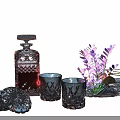 Stylish Ceramic Ware Collection with Diamond Cut Decanter Tumblers Floral Bowl and Coasters