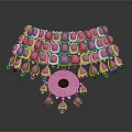 Elegant Jewelry Necklace With Pink Gemstones Green Borders Circular Center Design And Dangling Elements