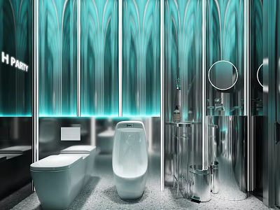 Modern Public Restroom With Turquoise Vertical Stripes Lighting Silver Facilities And Round Mirrors 3d model