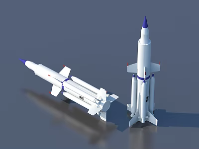 White Rocket Models With Blue Tips And Different Designs Displayed In 3D Render 3d model