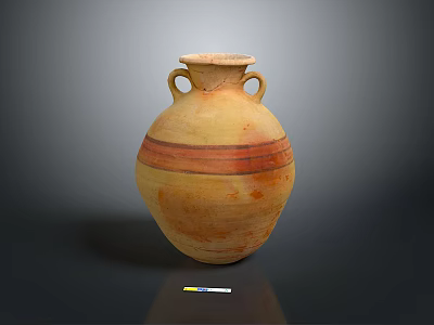 Yellow Clay Carved Vase Sculpture With Two Handles And Red Stripes 3d model