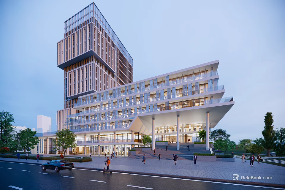 Modern Office Building Featuring Glass Facade Geometric Design With Trees Pedestrians And Street 3d model 